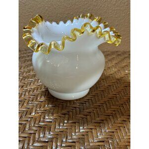 Vintage Fenton White Opalescent Ruffled Vase With Amber Ruffle Crimpped Edge